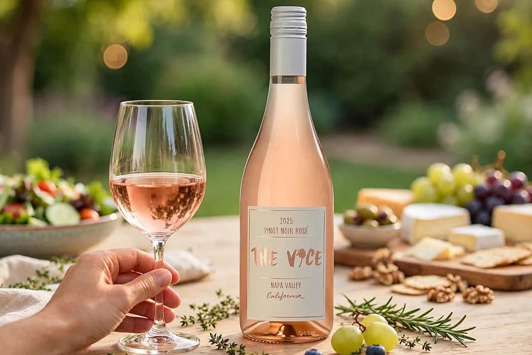 Omslagsbild med ett glas pinot noir rosévin mot en ljus bakgrund.