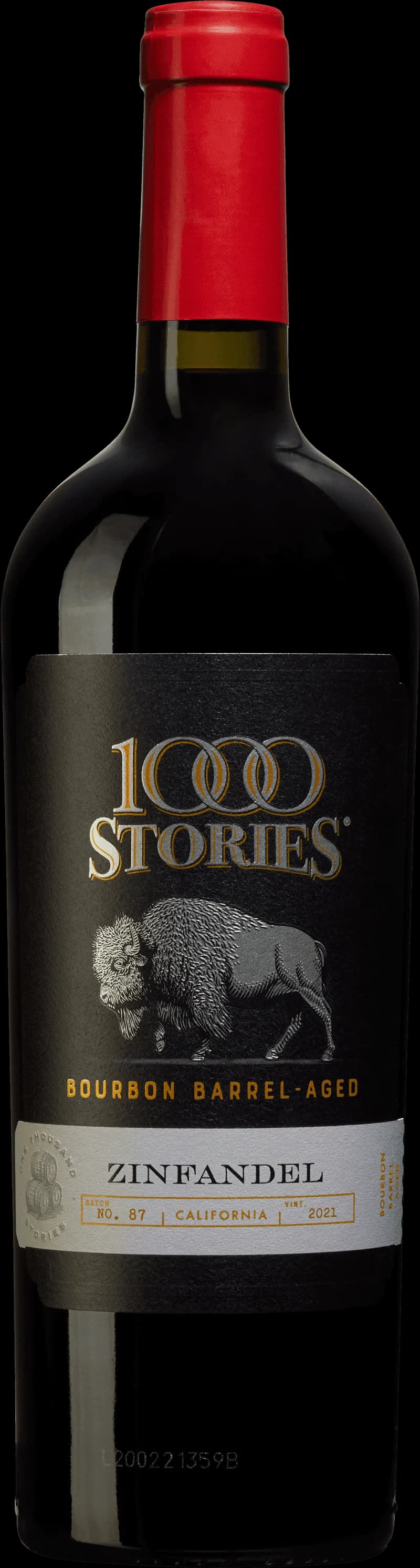 Flaska av rött vin från 1000 Stories på en mörk bakgrund.