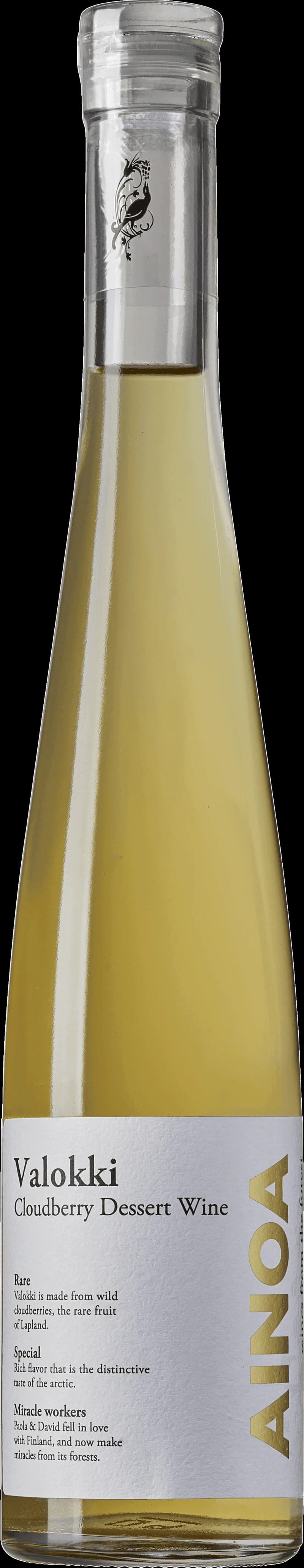 Flaska med Ainoa smaksatt vin och fruktvin på en dukad bordsyta.