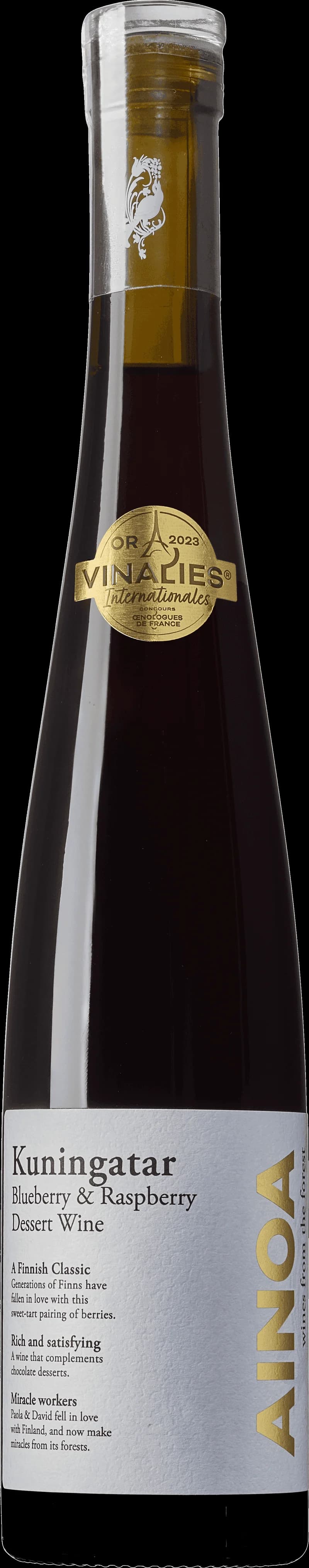 Flaska med Ainoa smaksatt vin och fruktvin på en bordsduk