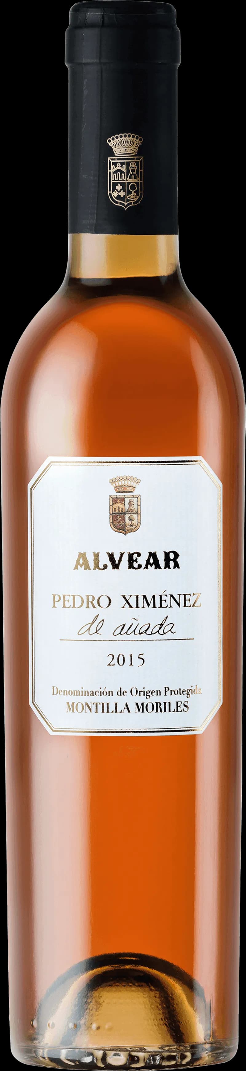 Flaska av Alvear vitt vin mot en neutral bakgrund.