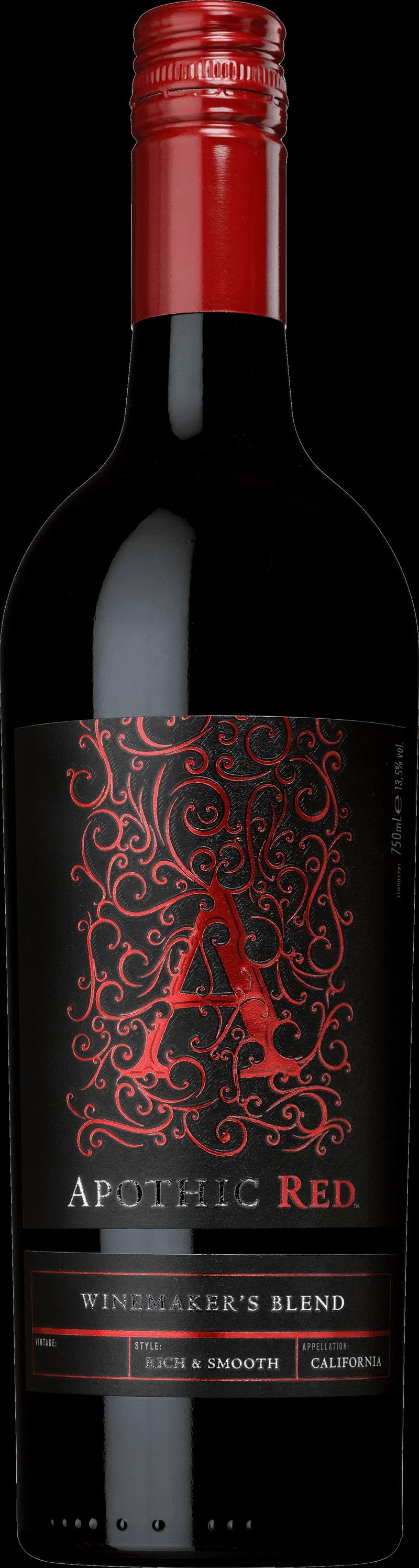 Flaska av Apothic Red rött vin mot mörk bakgrund