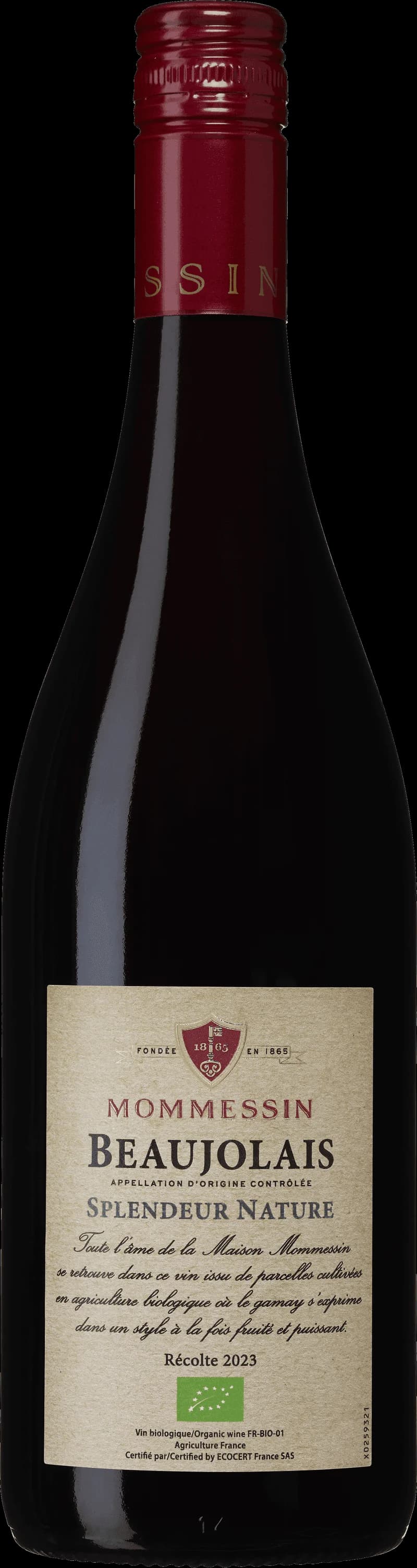 Flaska Beaujolais Splendeur Nature, ekologiskt rött vin från Beaujolais, Frankrike.