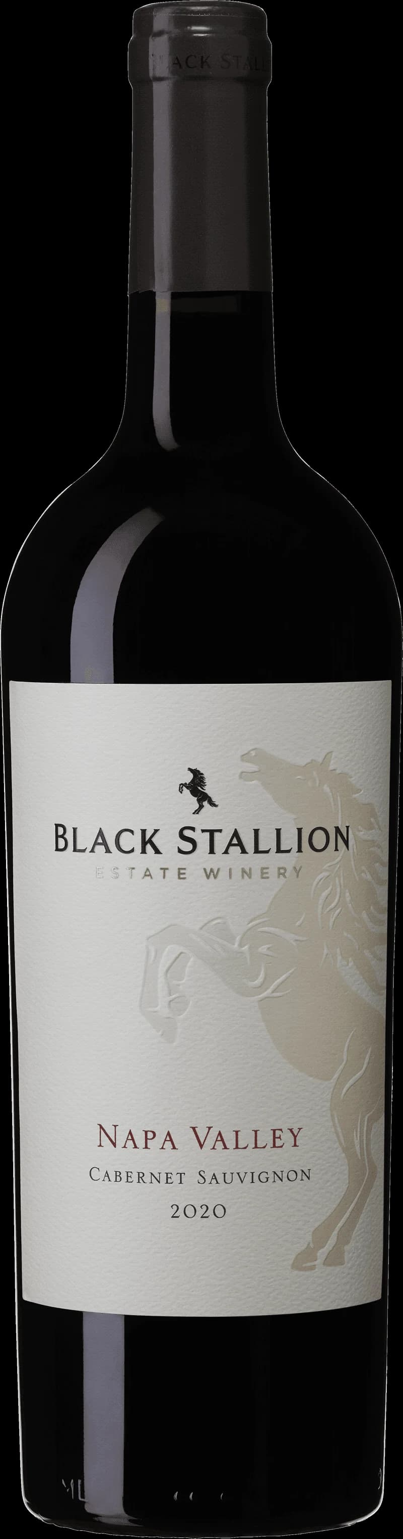 Flaska av rött vin från Black Stallion på en bordduk