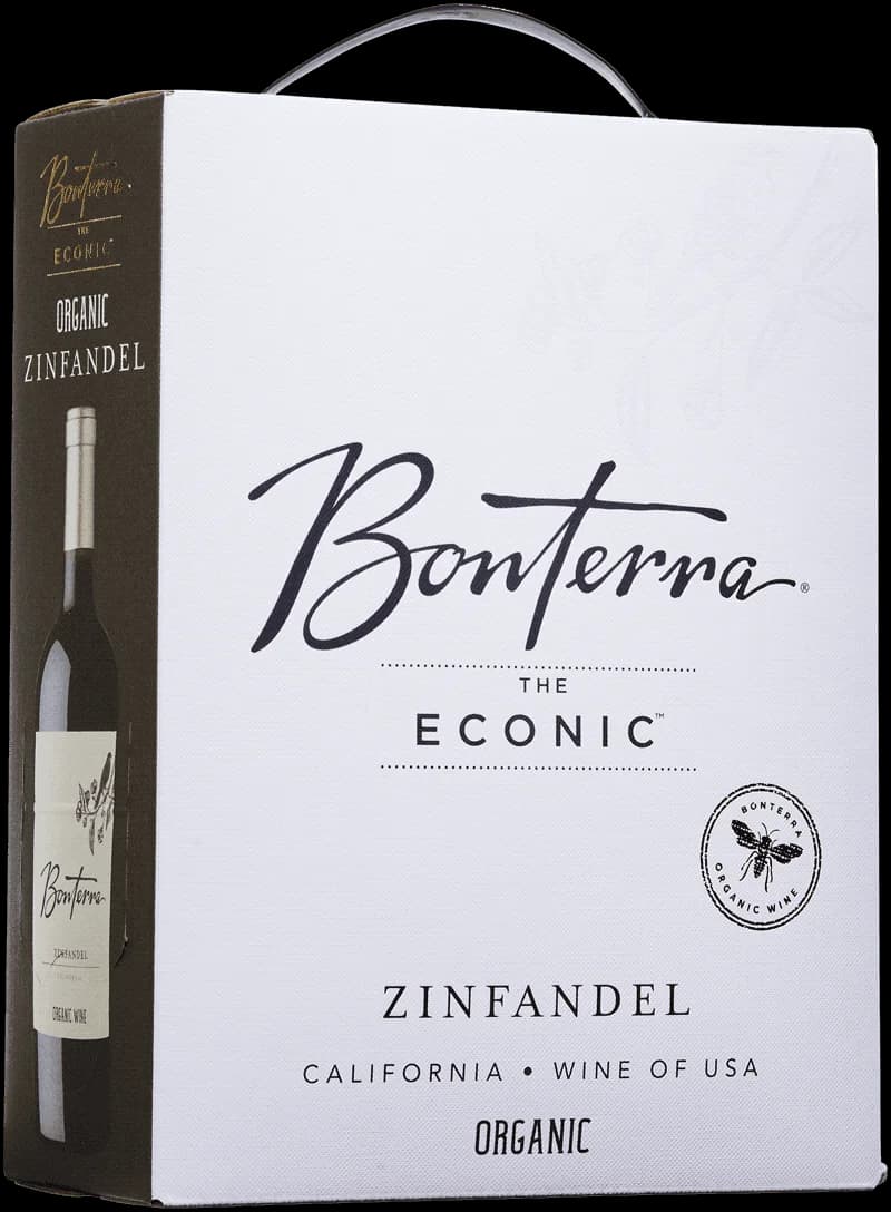 Flaska med Bonterra rött vin mot neutral bakgrund
