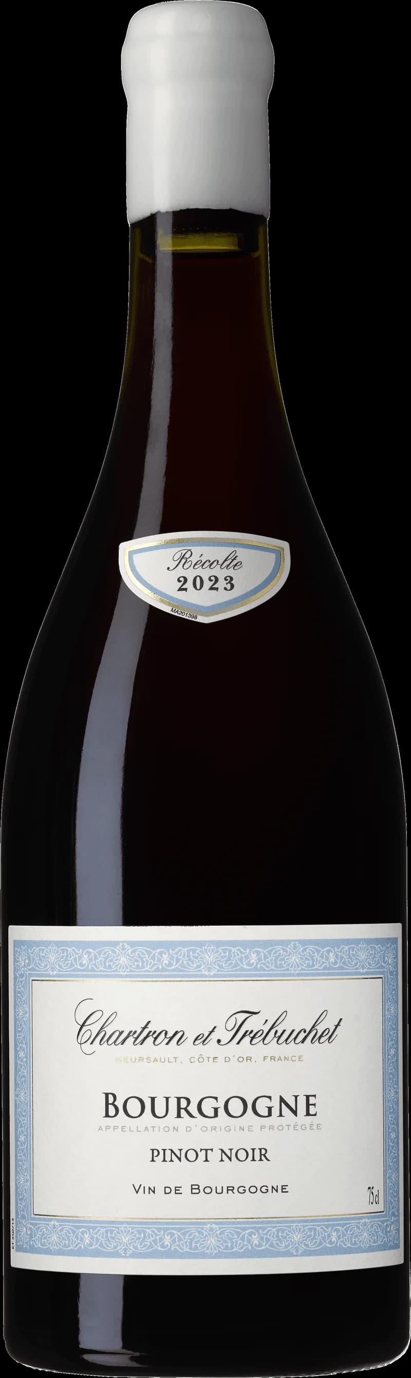 Flaska med bourgogne rött vin och ett glas fyllt med mörkröd vätska.