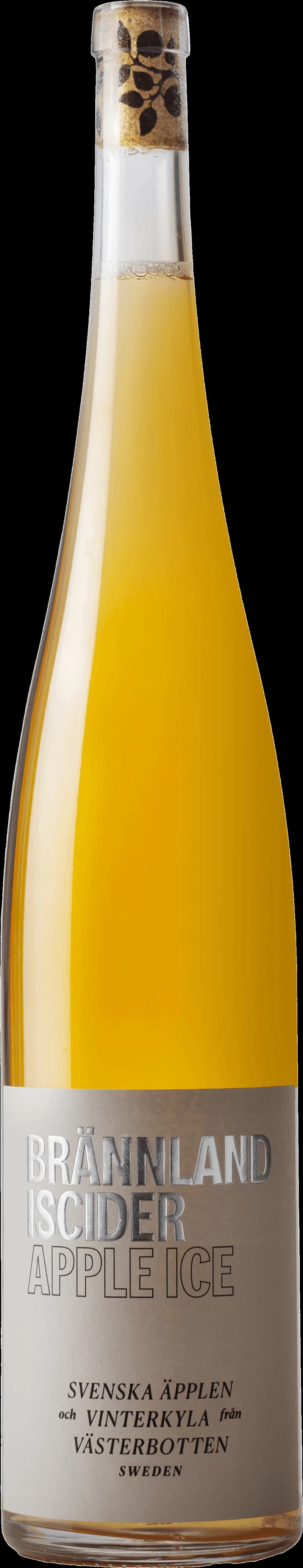 Flaska Brännland IsCider smaksatt vin och fruktvin på en bricka.