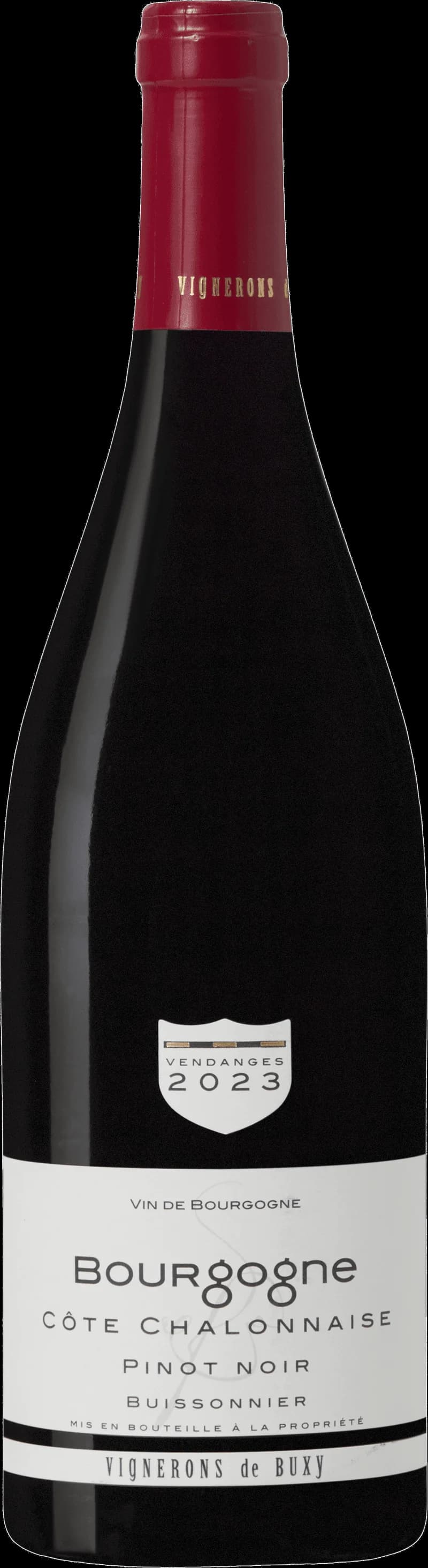 Flaska av Buissonnier Bourgogne Côte Chalonnaise rött vin mot neutral bakgrund.