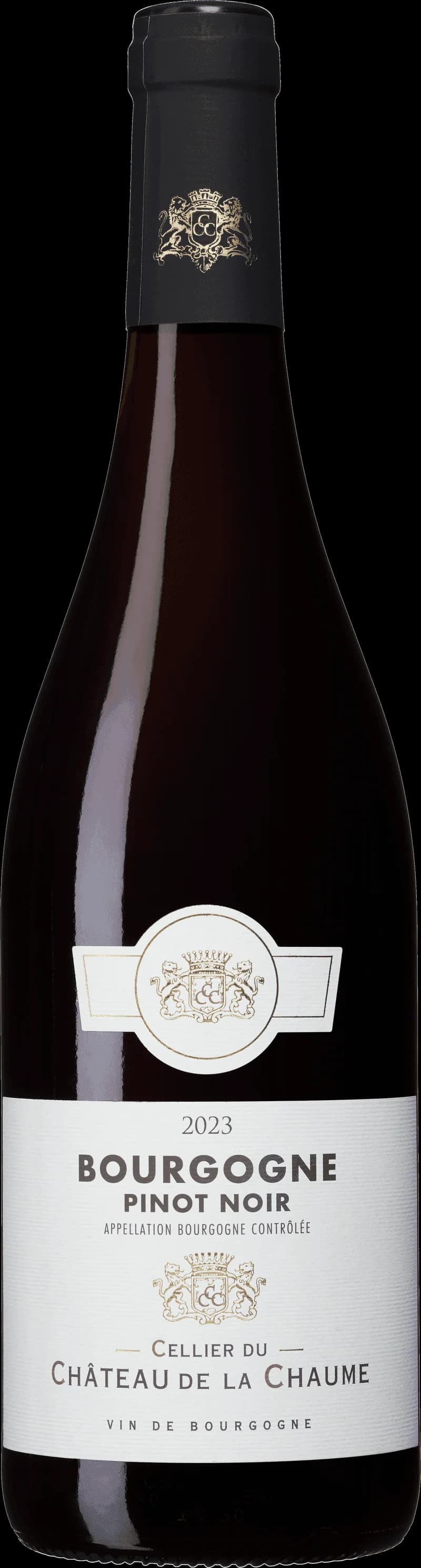 Flaska med rött vin från Cellier du Château de la Chaume, etikett med slott och vingård.