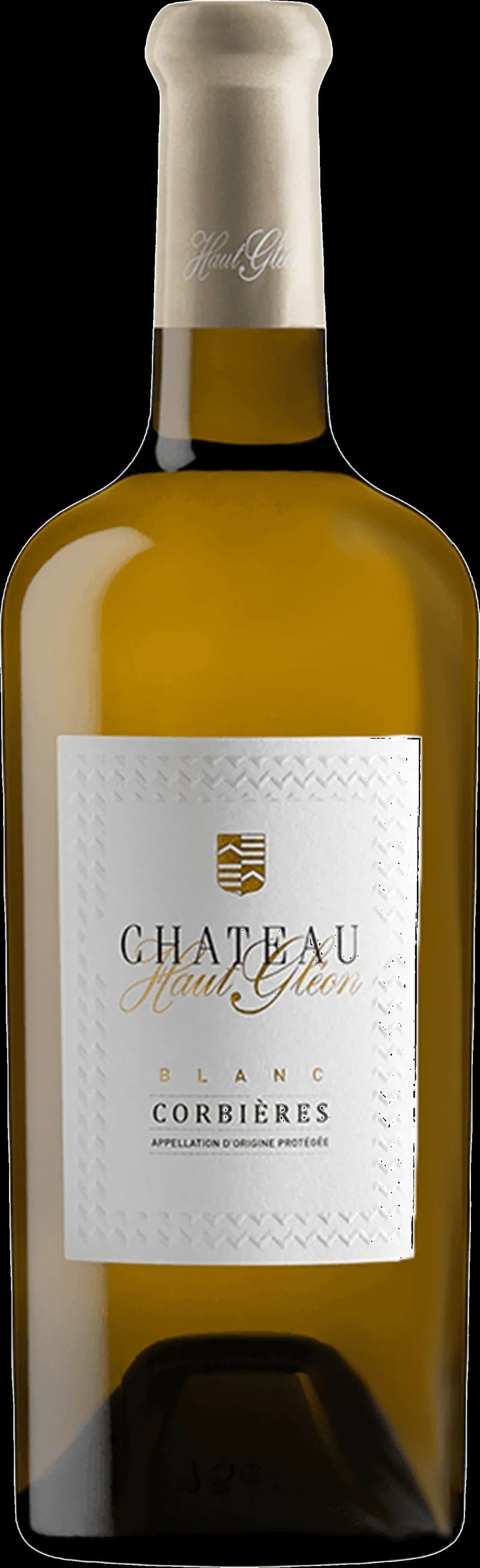 Flaska av Château Haut-Gleón vitt vin mot en neutral bakgrund.