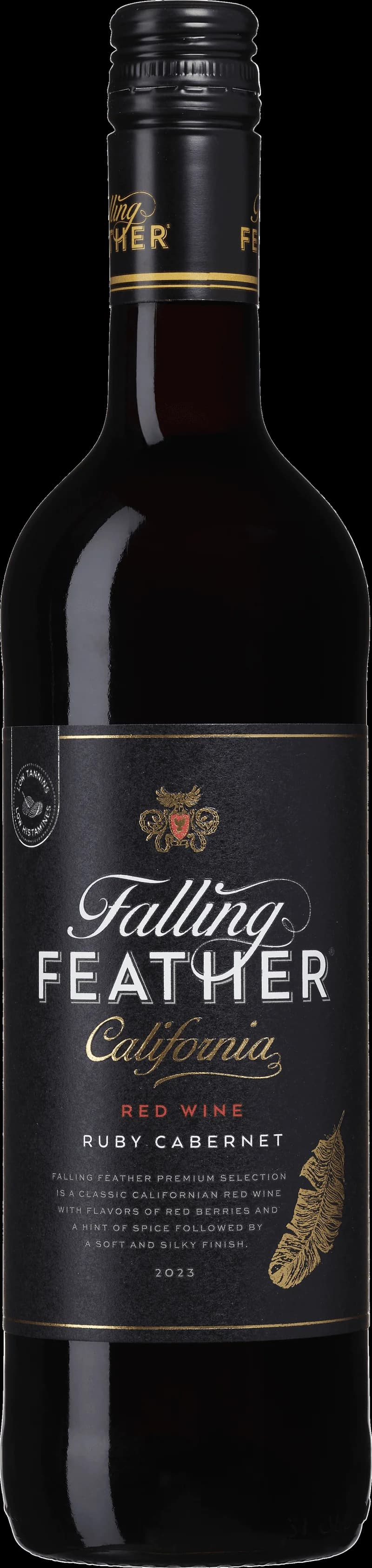 Rött vin med en fallande fjäder som dekoration