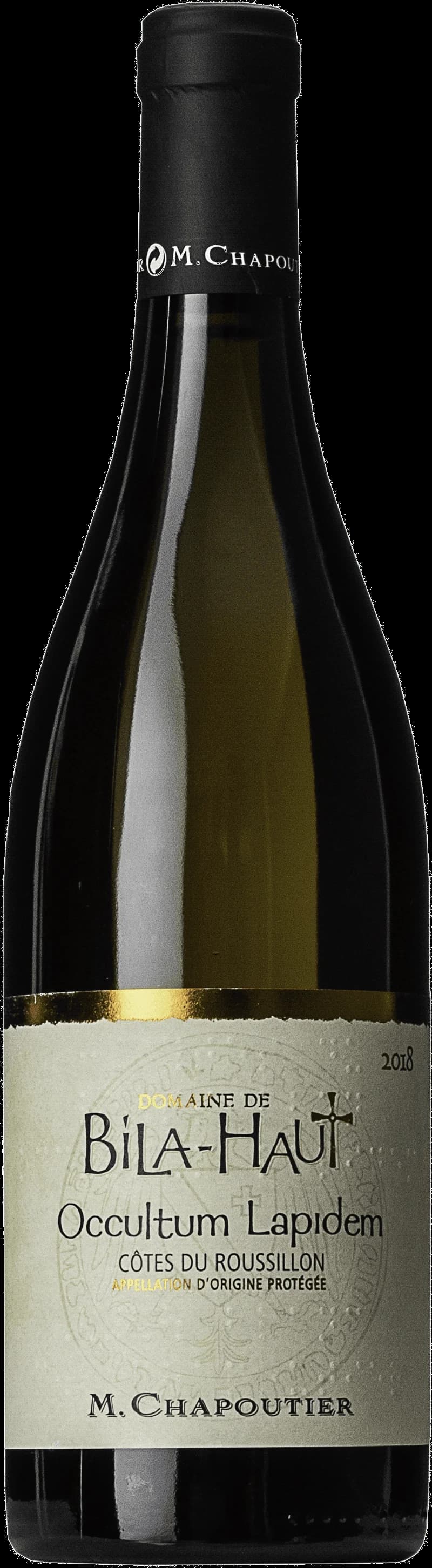 Flaska av M. Chapoutier vitt vin mot ljus bakgrund