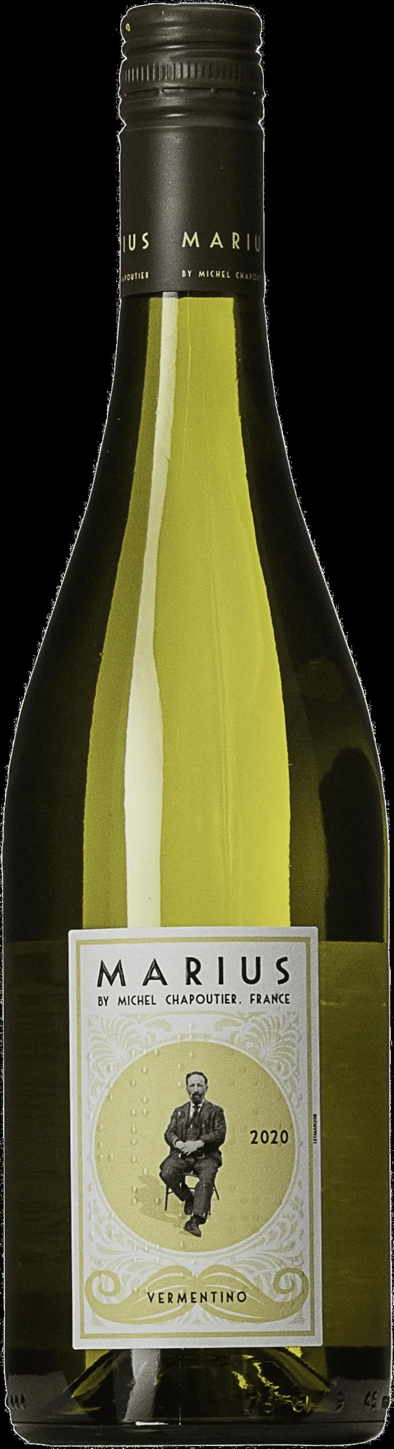 Flaska av M. Chapoutier vitt vin mot en neutral bakgrund.