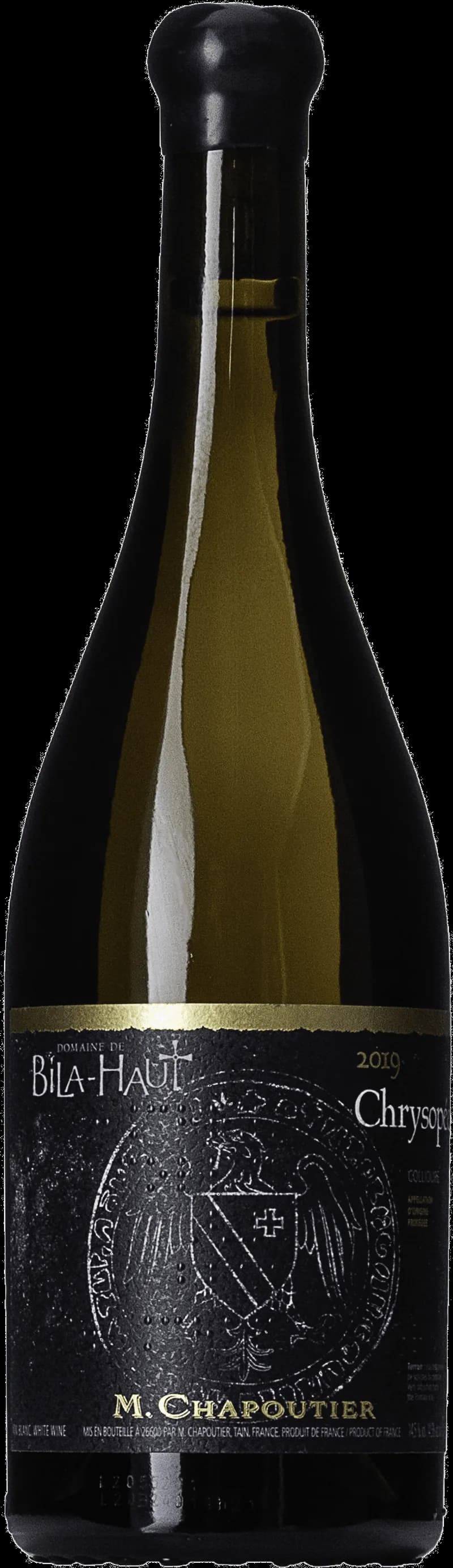 Flaska av M. Chapoutier vitt vin mot ljus bakgrund.
