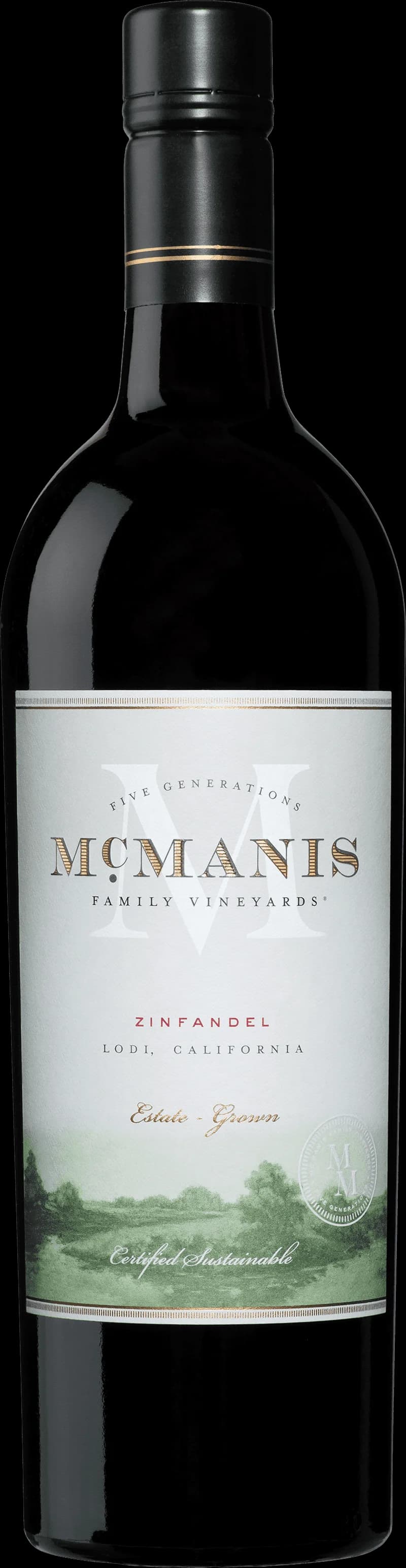 Flaska av McManis rött vin mot en mörk bakgrund.