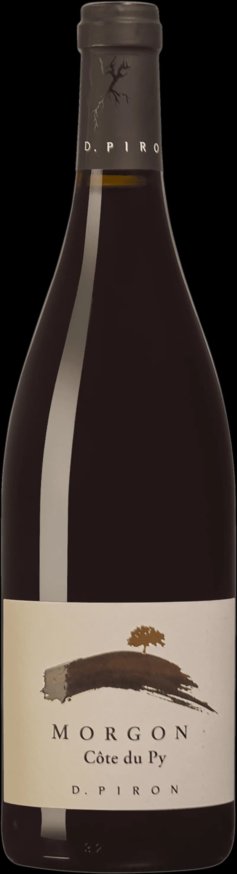 Flaska och glas med rött vin Morgon Côte du Py från Beaujolais