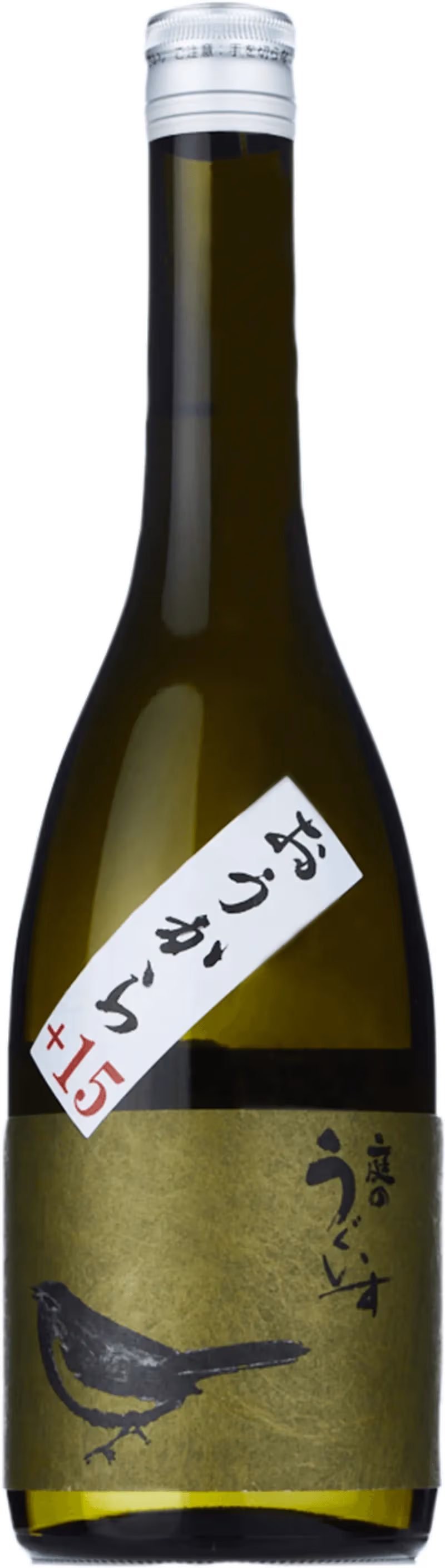 Flaska och glas med Niwa no Uguisu sake mot en neutral bakgrund.