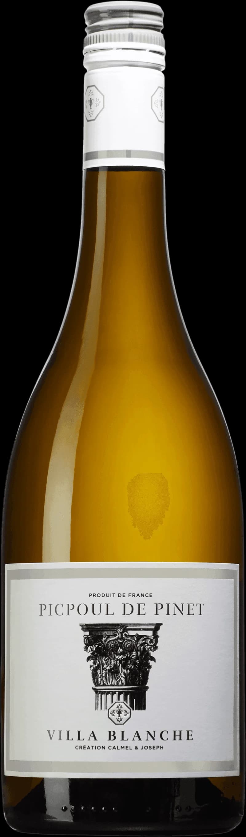 Flaska Picpoul de Pinet vitt vin mot ljus bakgrund.