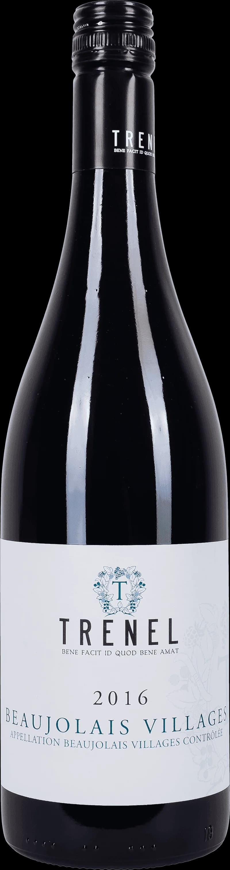 Flaska med Trénel rött vin på en bordsservering.